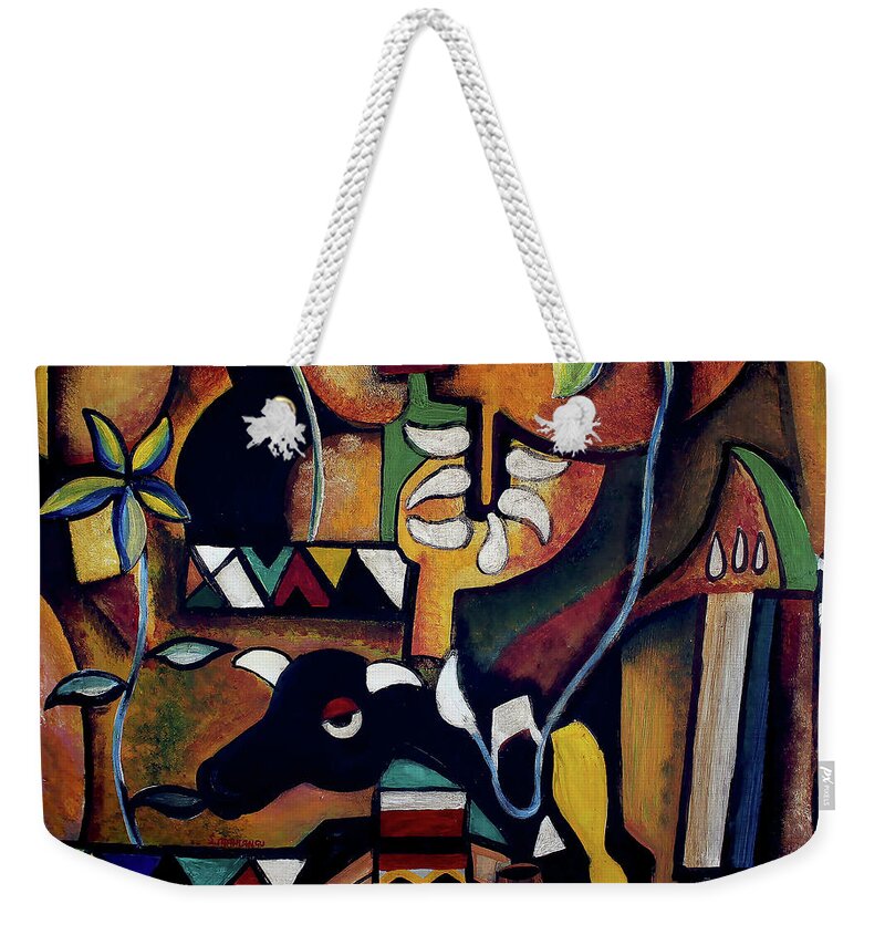 African Art Weekender Tote Bag featuring the painting The Bull of Peace by Speelman Mahlangu