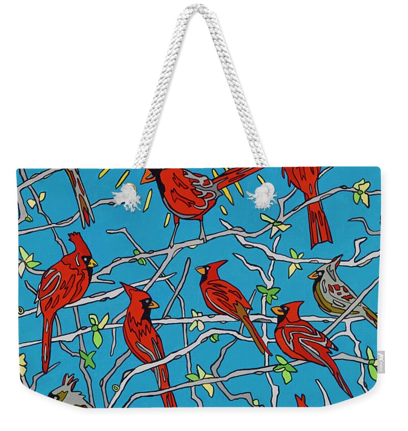 Cardinals Weekender Tote Bag featuring the painting The Cardinal Lounge by Mike Stanko