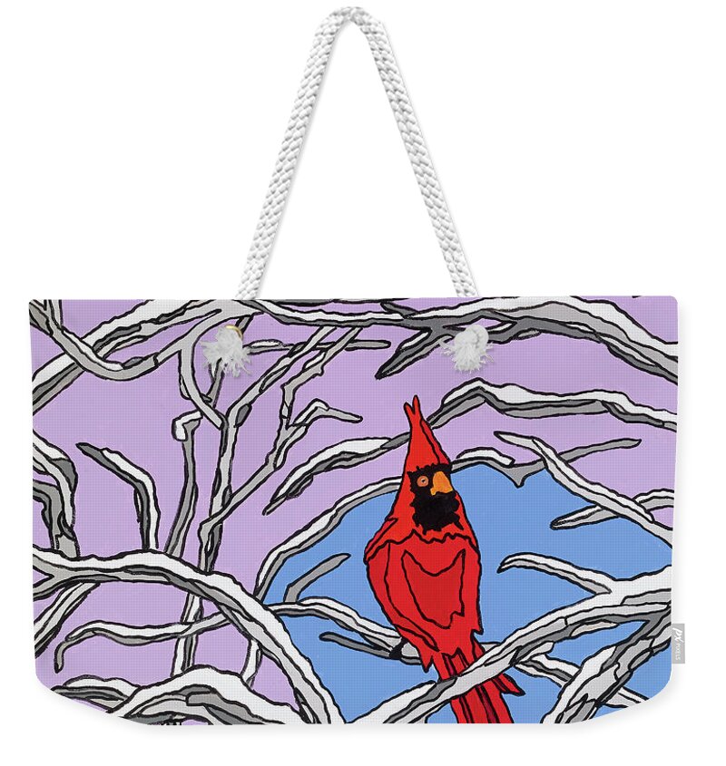 Cardinal Bird Perch Snow Winter Weekender Tote Bag featuring the painting The Cardinal by Mike Stanko