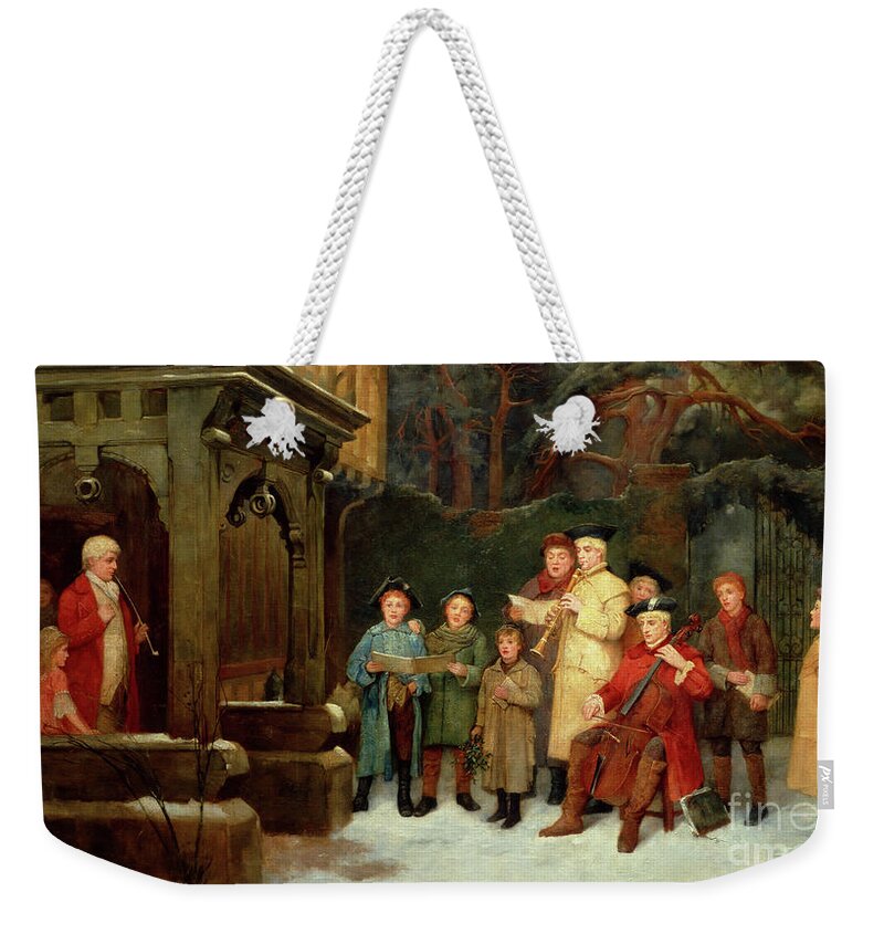 Christmas Weekender Tote Bag featuring the painting The Carol Singers, 1893 by William M Spittle