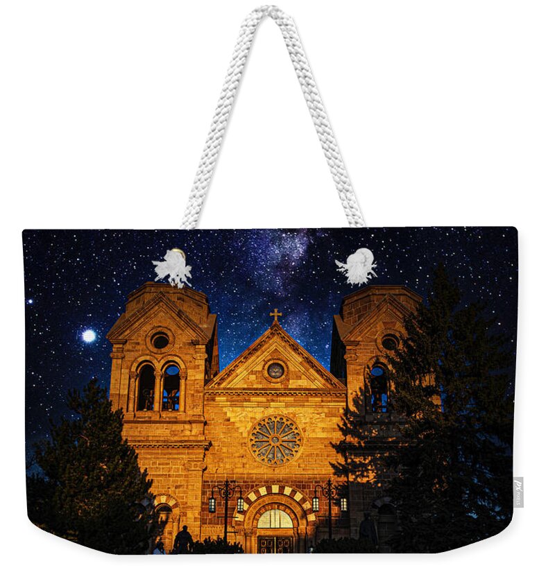 Taos Weekender Tote Bag featuring the photograph The Cathedral Basilica of St. Francis of Assisi Night by Elijah Rael