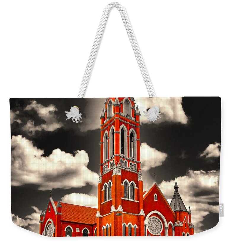 Cathedral Shrine Of The Virgin Of Guadalupe Weekender Tote Bag featuring the digital art The Cathedral Shrine of the Virgin of Guadalupe in Dallas, Texas, isolated on black and white by Nicko Prints