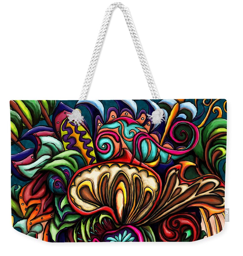 Chameleon Painting Weekender Tote Bag featuring the painting Chameleon and mushroom abstract painting, colorful chameleon by Nadia CHEVREL