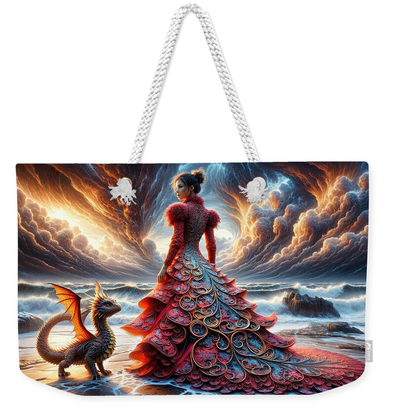 Fantasy Weekender Tote Bag featuring the photograph The Crimson Enchantress and Her Serpentine Guardian by Bill and Linda Tiepelman