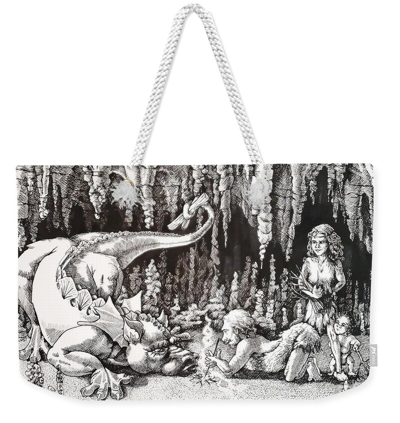 Dinosaur Weekender Tote Bag featuring the drawing The Discovery of Fire by Merana Cadorette