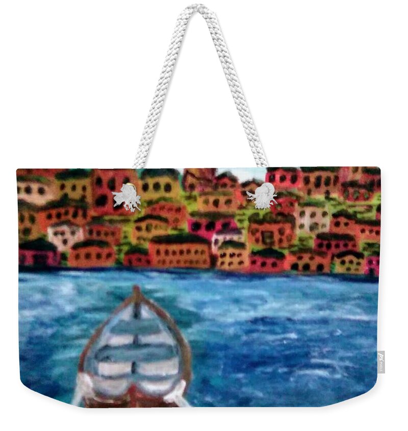 Nature Weekender Tote Bag featuring the painting The Docks at Santo Porto Stefano by Andrew Blitman