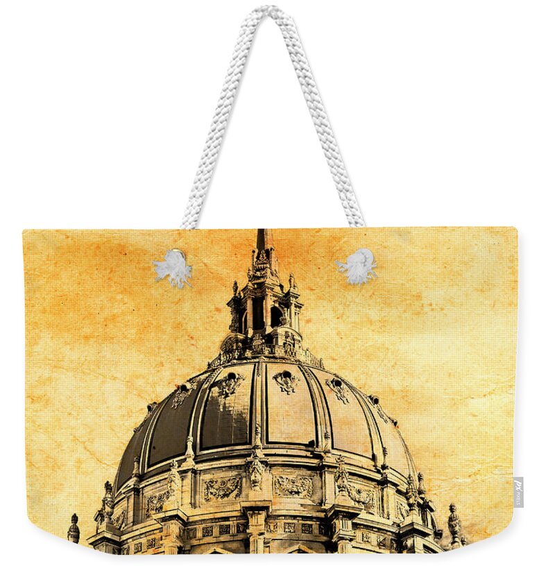 San Francisco City Hall Weekender Tote Bag featuring the digital art The dome of the San Francisco City Hall blended on old paper by Nicko Prints