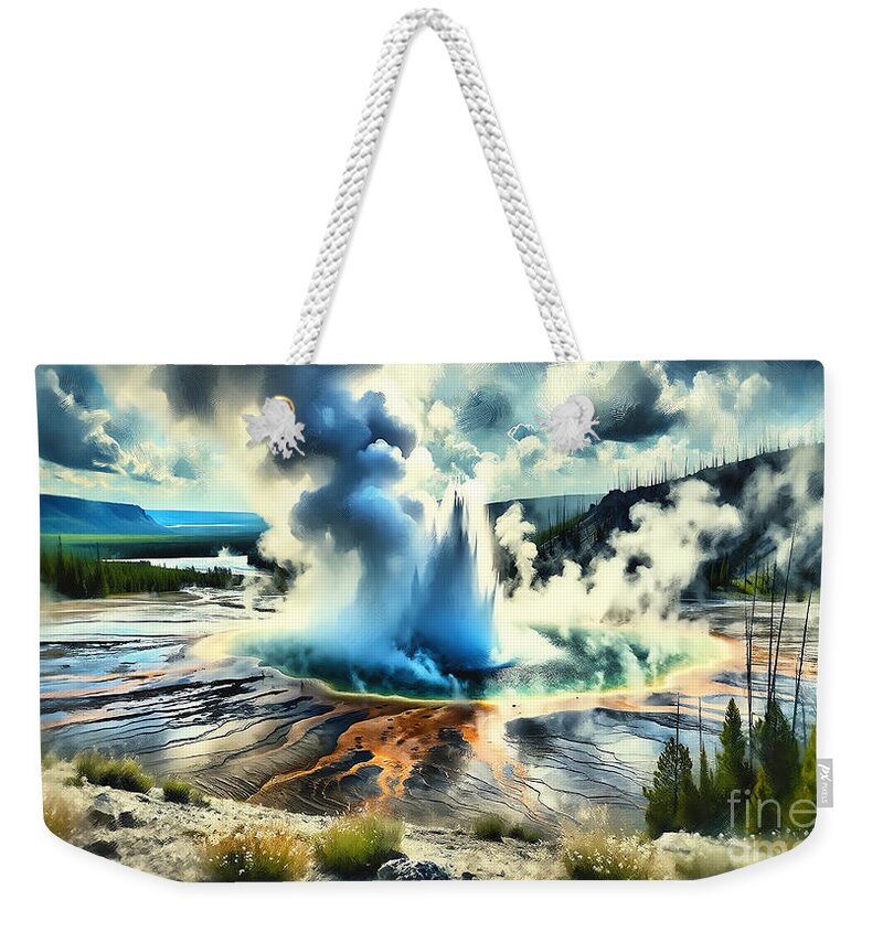 Yellowstone Weekender Tote Bag featuring the painting The dramatic geysers of Yellowstone National Park, captured in an impressionistic style. by Jeff Creation