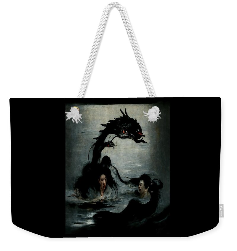 Horror Weekender Tote Bag featuring the drawing The Embrace of Black Dragons by Ryan Nieves