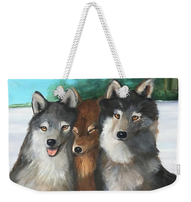 Wolf Weekender Tote Bag featuring the painting The Family by Deborah Naves