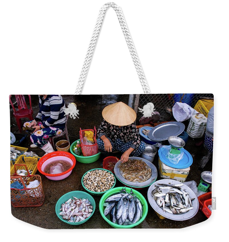 Market Weekender Tote Bag featuring the photograph Catch Of The Day - Street Market Vendor, Vietnam by Earth And Spirit