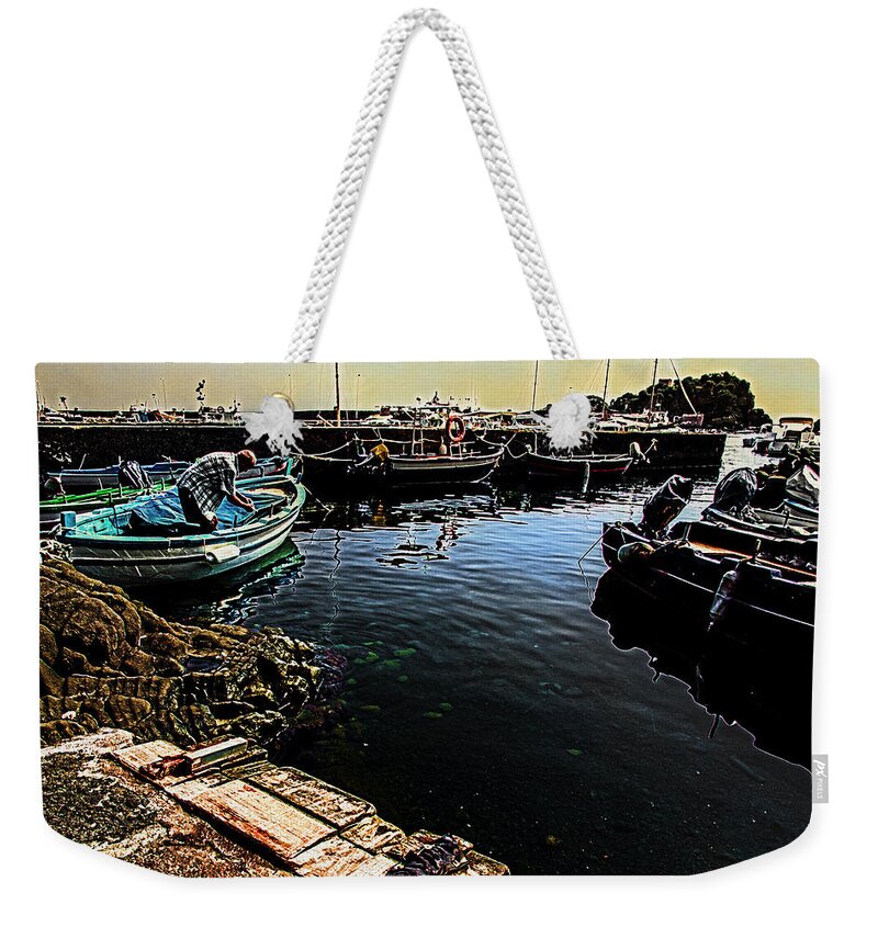 Rowboat Weekender Tote Bag featuring the photograph The fisherman and his boat by Al Fio Bonina