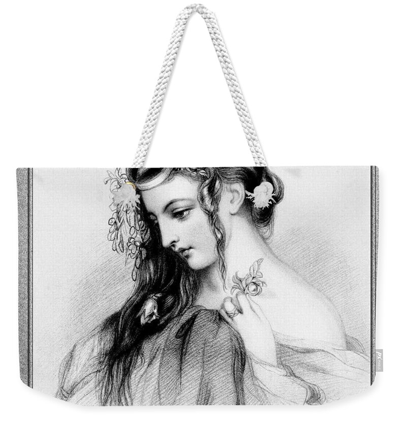 Flower Girl Weekender Tote Bag featuring the drawing The Flower Girl Old Masters Fine Art Illustration by Rolando Burbon
