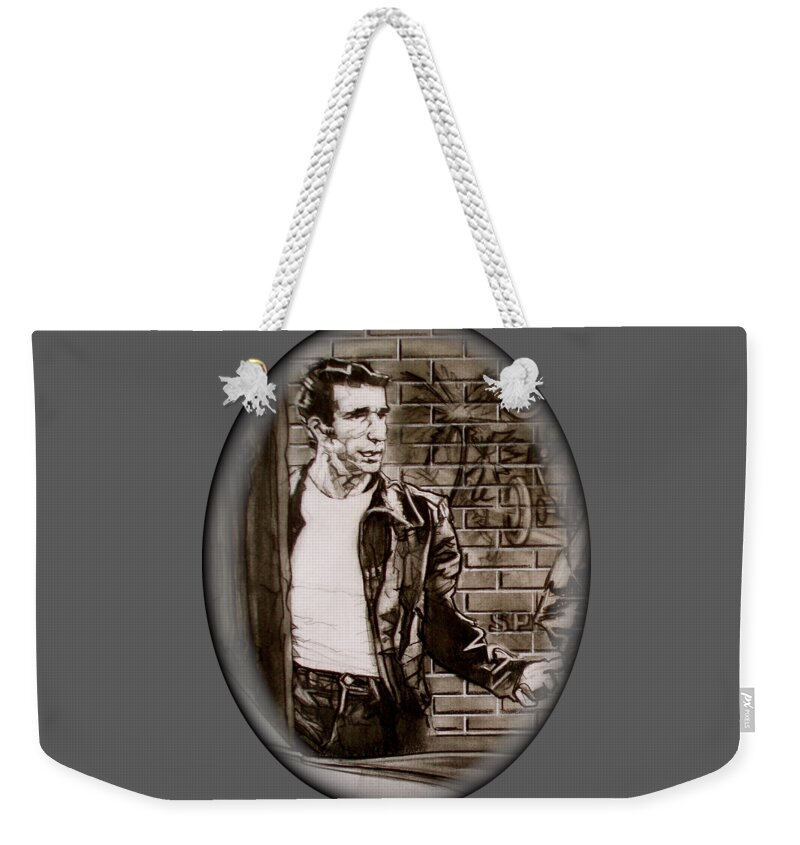 Charcoal Pencil On Paper Weekender Tote Bag featuring the drawing The Fonz - detail by Sean Connolly