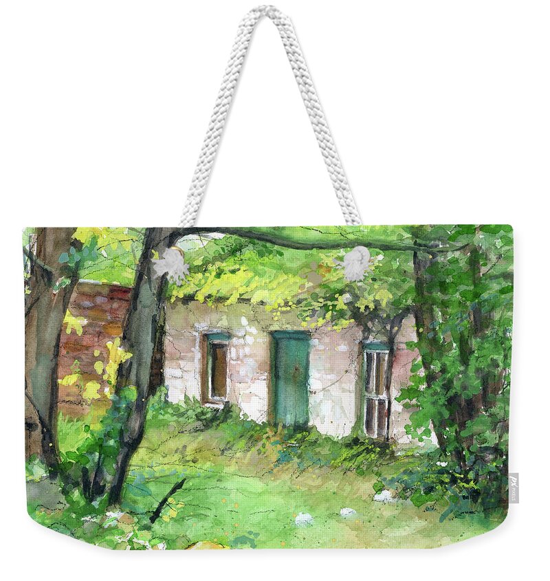 Irish Cottage Weekender Tote Bag featuring the painting The Forge aka The Lonergan Homestead by Rebecca Matthews
