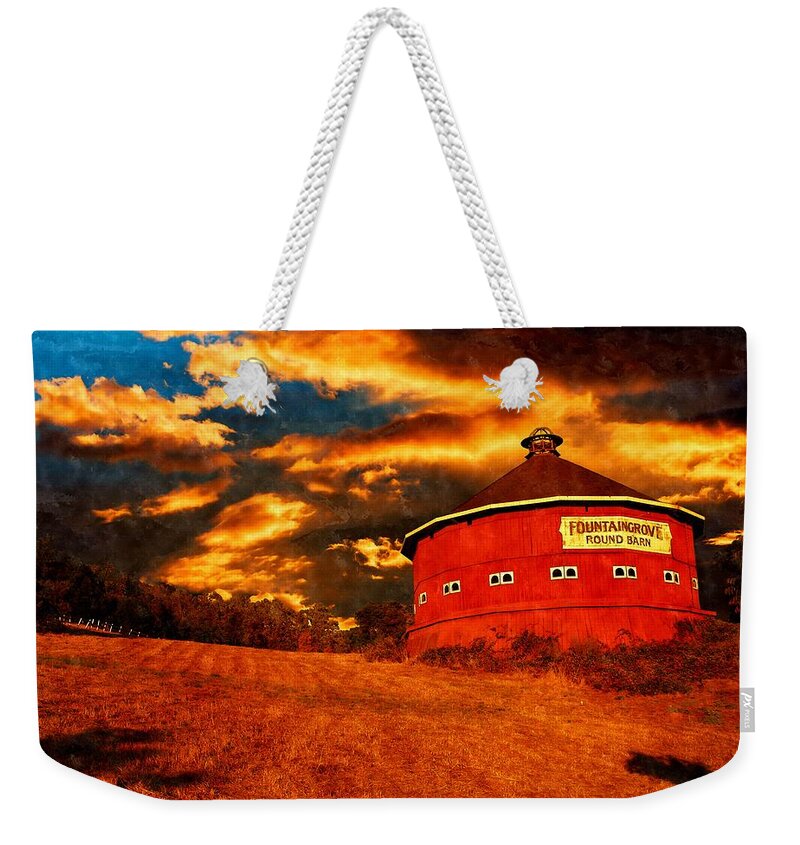 Fountaingrove Weekender Tote Bag featuring the digital art The Fountaingrove Round Barn, near Santa Rosa, California, in sunset light by Nicko Prints