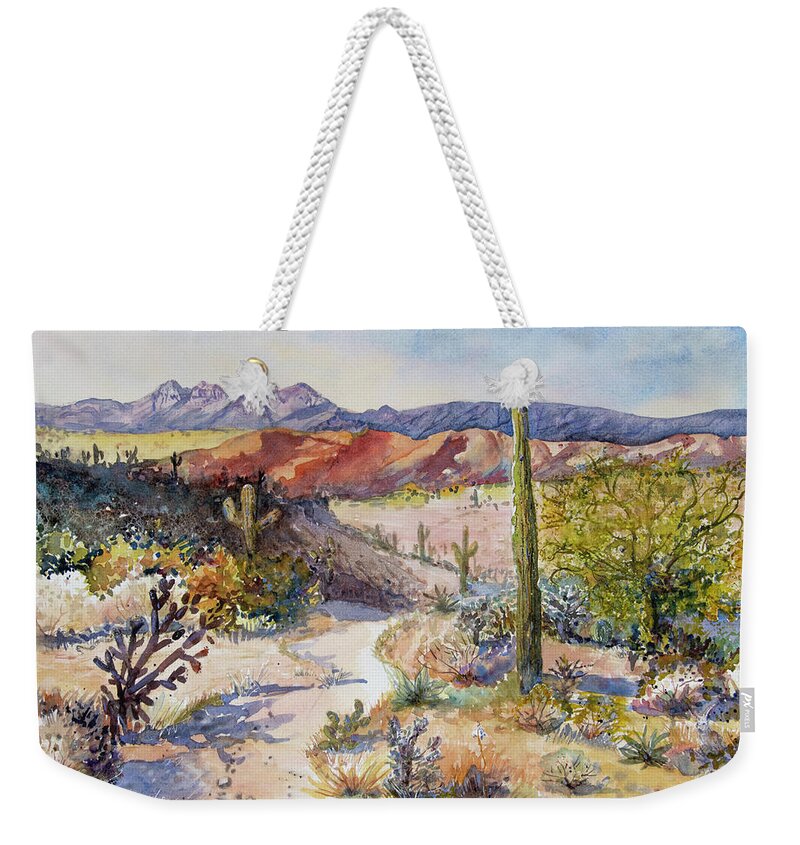 Desert Landscape Weekender Tote Bag featuring the painting The Four Peaks In Arizona by Cheryl Prather