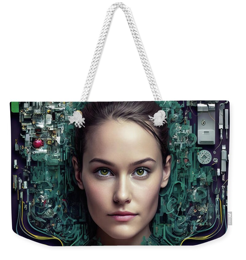 Cyborg Weekender Tote Bag featuring the digital art The Future of AI 04 Android Woman by Matthias Hauser