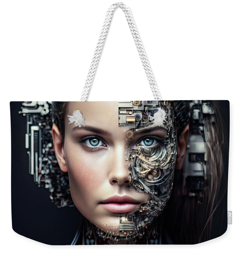 Cyborg Weekender Tote Bag featuring the digital art The Future of AI 07 Woman Cyborg by Matthias Hauser