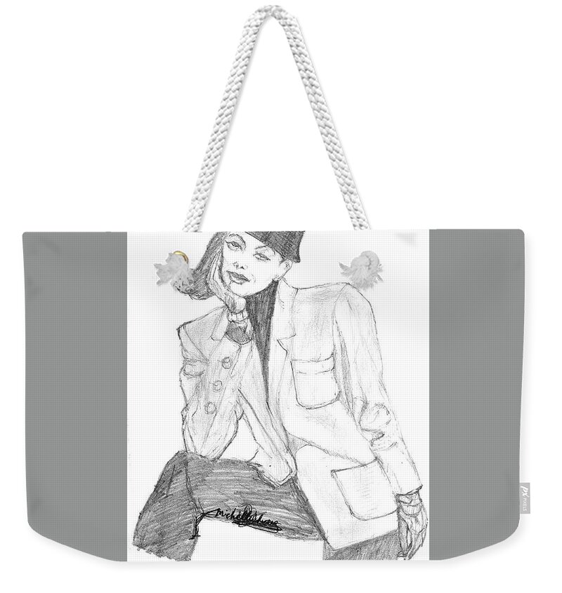 Girl Weekender Tote Bag featuring the drawing The Girl in Hat and Jacket by Michelle Gilmore
