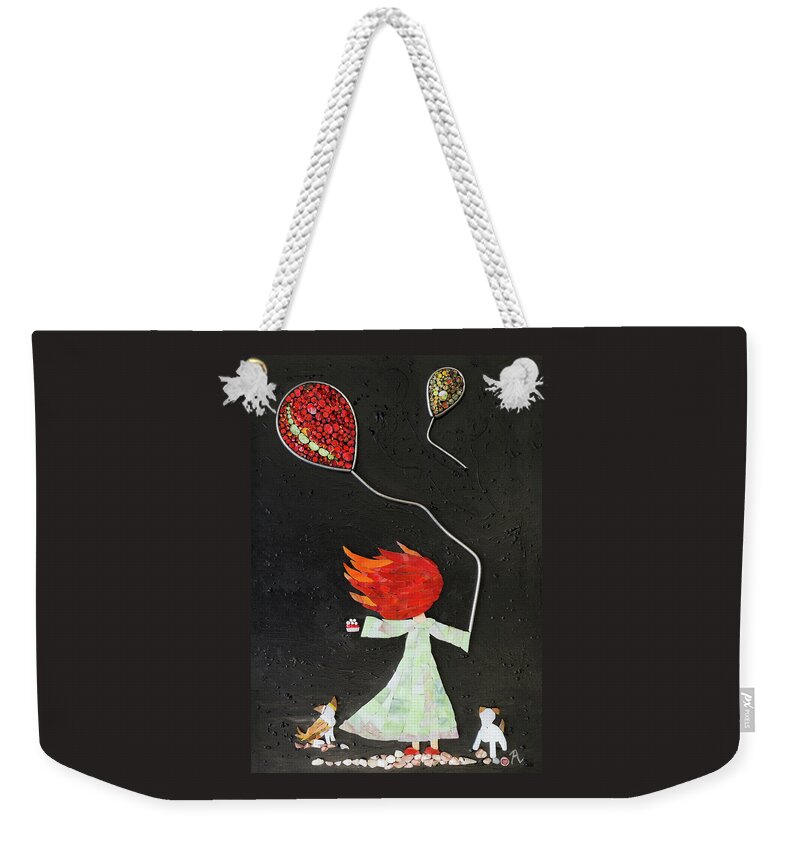 Girl Weekender Tote Bag featuring the glass art The girl with two balloons and two small dogs by Adriana Zoon
