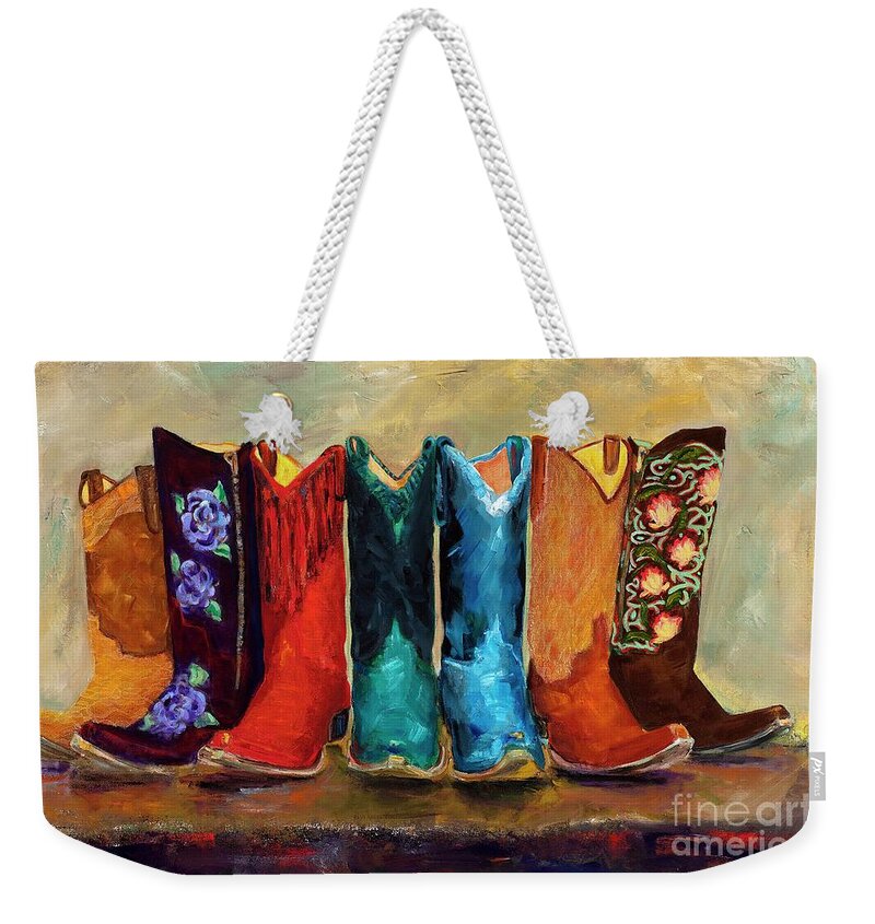 Cowboy Boots Weekender Tote Bag featuring the painting The Girls Are Back In Town by Frances Marino