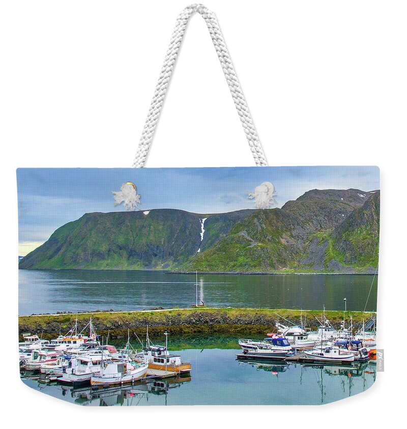Boat Weekender Tote Bag featuring the photograph The Harbor in Honningsvag, Norway by Matthew DeGrushe