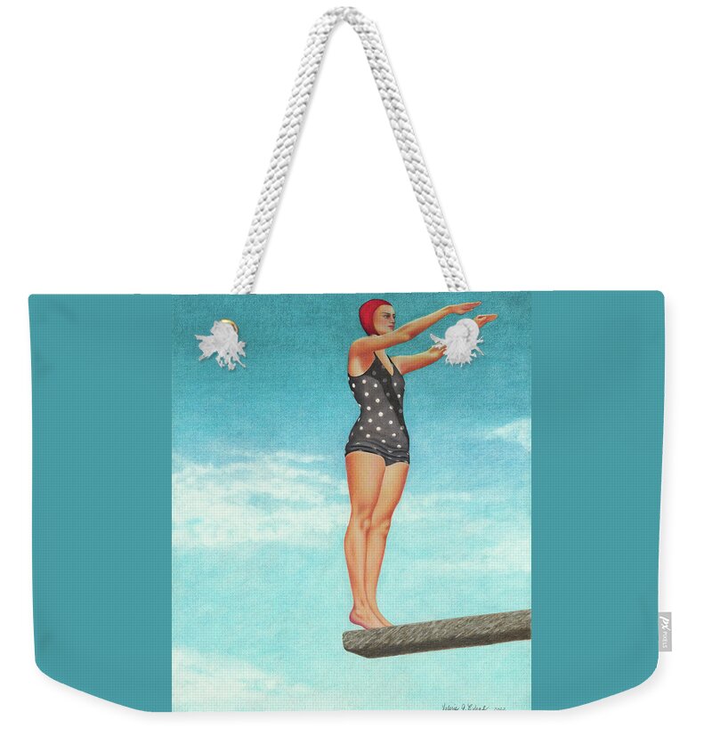 High Dive; Diving Board; Vintage Bathing Beauties; Red Swim Cap; Diving Competitions; Vintage Bathing Suits; Swimming; Polka Dot Swim Suit Weekender Tote Bag featuring the painting The High Dive by Valerie Evans