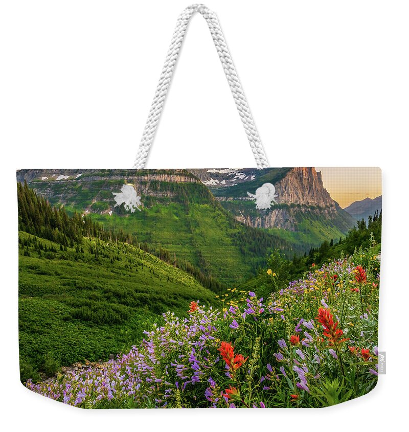 Landscape Weekender Tote Bag featuring the photograph Wild flowers at sunset in Glacier National Park by Robert Miller