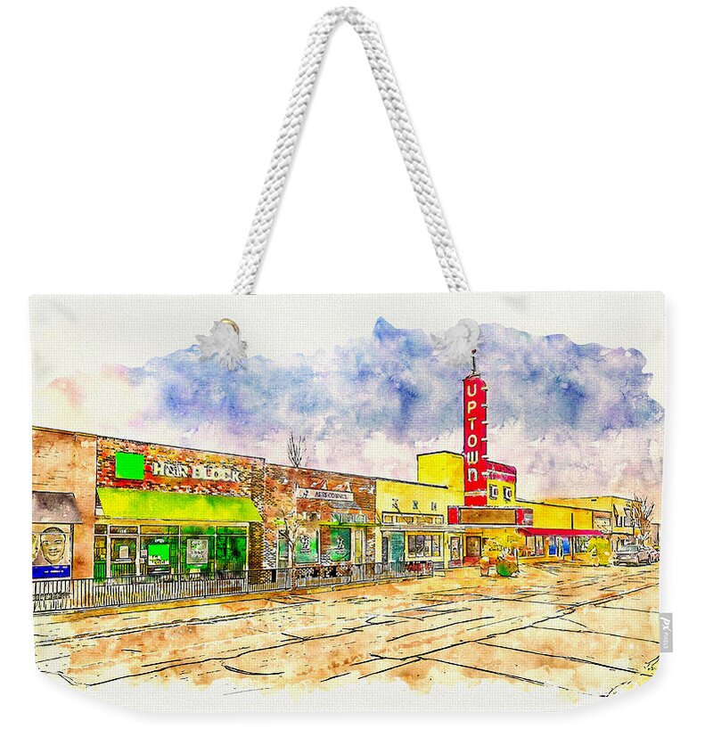 Uptown Theatre Weekender Tote Bag featuring the digital art The historic Uptown Theatre in downtown Grand Prairie, Texas - pen sketch and watercolor by Nicko Prints