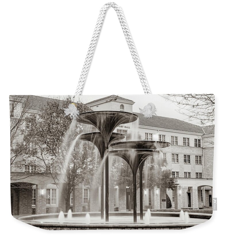Tcu Weekender Tote Bag featuring the photograph The Horned Frog Fountain At TCU - Sepia Edition by Gregory Ballos