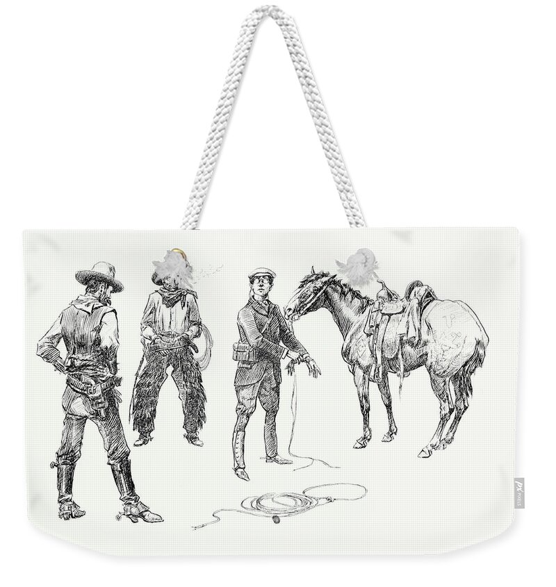 Cowboy Weekender Tote Bag featuring the drawing The Initiation of the Tenderfoot, 1899 by Charles Marion Russell