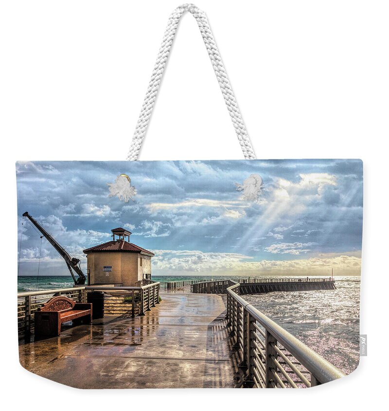 Boats Weekender Tote Bag featuring the photograph The Jetty at Boynton Inlet Beach by Debra and Dave Vanderlaan
