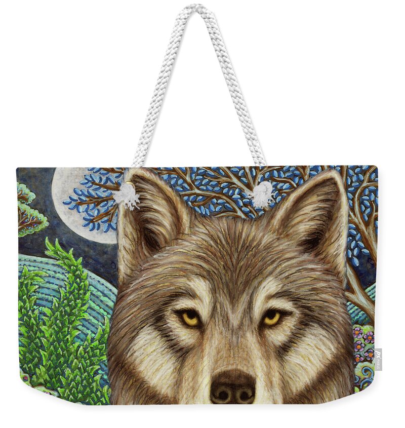 Wolf Weekender Tote Bag featuring the painting The Kazakh Wolf Moon by Amy E Fraser