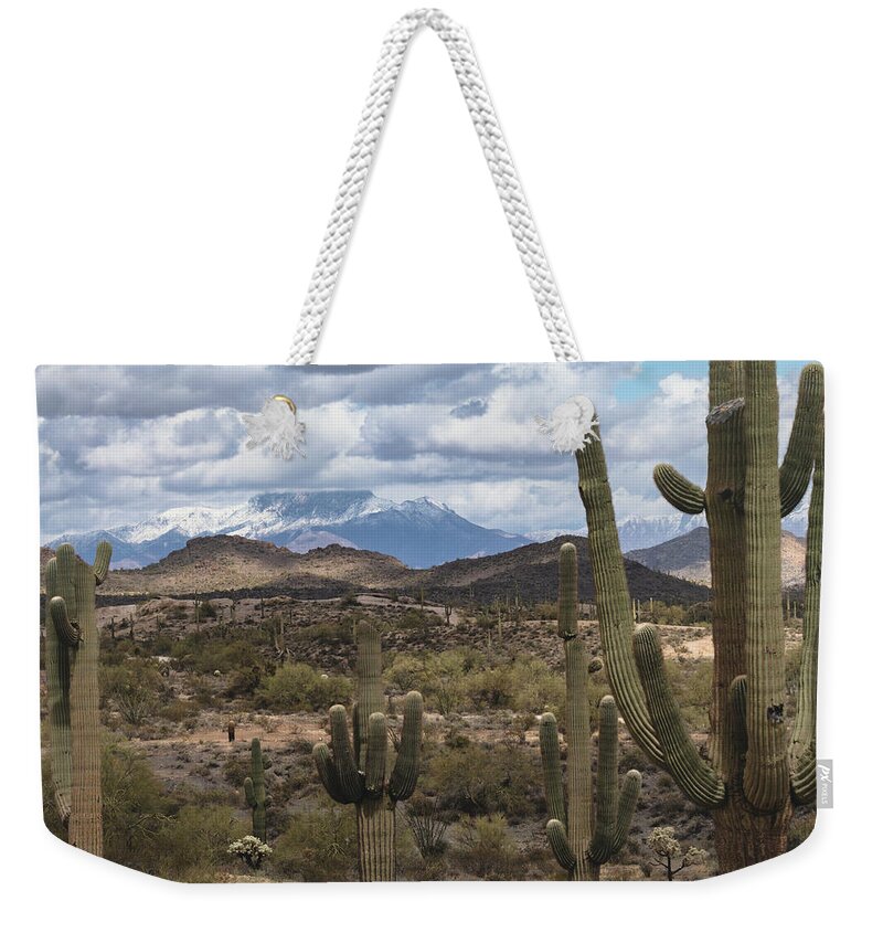 Desert Snow Weekender Tote Bag featuring the photograph The Last Winter Snow In The Sonoran by Saija Lehtonen