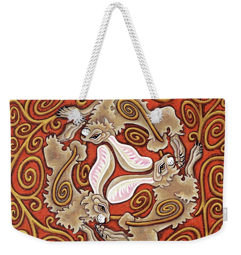 Hare Weekender Tote Bag featuring the painting The Legend of Hare Terra. Knotted Hare. Illuminated Metalwork. Citrine Enamel and Gold. by Amy E Fraser