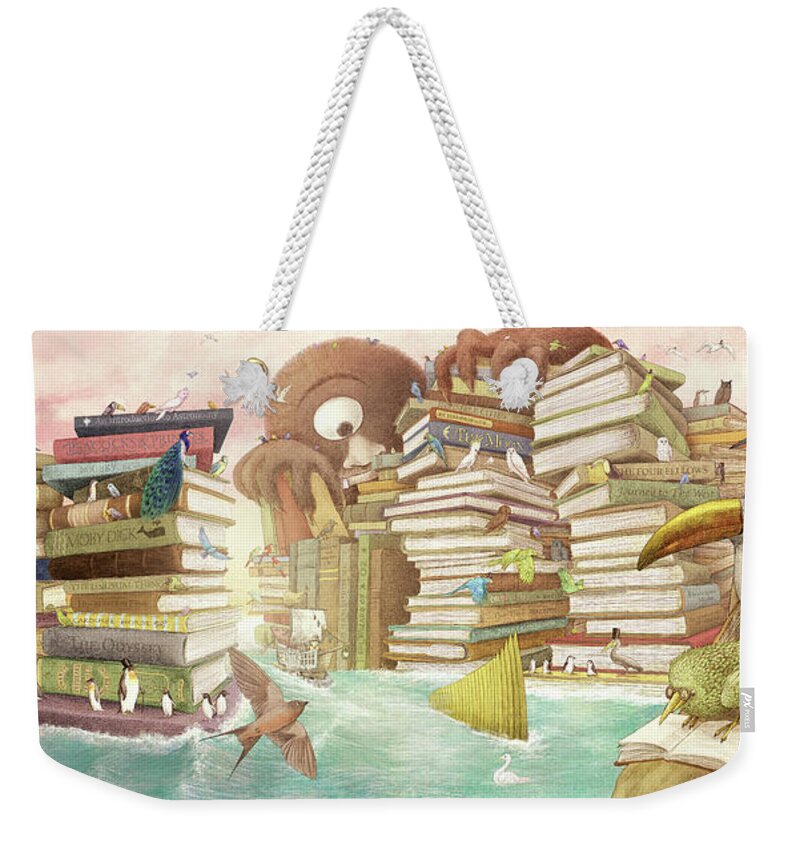 Birds Weekender Tote Bag featuring the drawing The Library Islands by Eric Fan