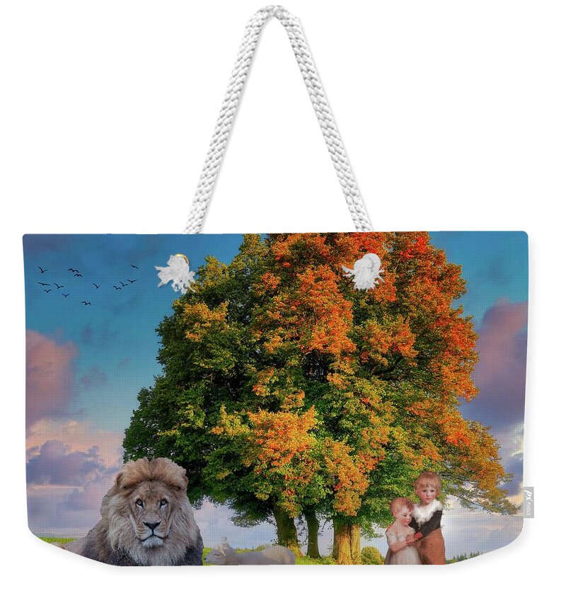 Jesus Weekender Tote Bag featuring the digital art The Lion Shall Lie With the Lamb by Norman Brule
