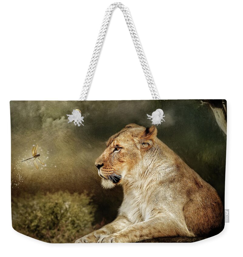 Lioness Weekender Tote Bag featuring the digital art The Lioness by Maggy Pease