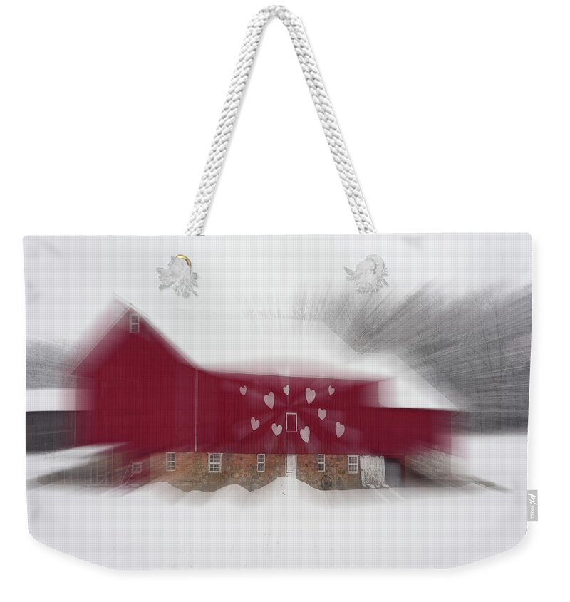 Icm Weekender Tote Bag featuring the photograph The Love Barn - Red Wisconsin barn decorated with hearts with zoom motion by Peter Herman