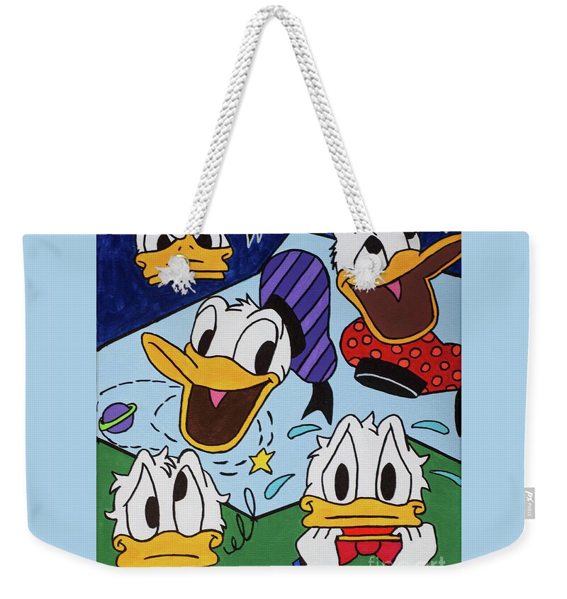 Elena Pratt Weekender Tote Bag featuring the painting The Many Faces of a Deranged Duck by Elena Pratt