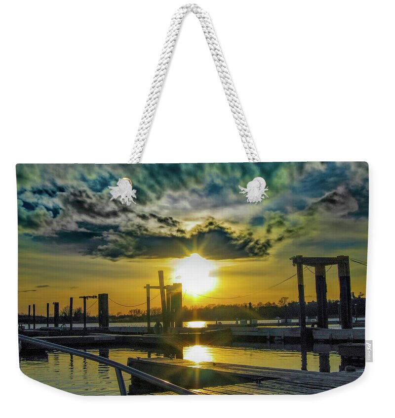 Sunset Weekender Tote Bag featuring the digital art The Marina at Dusk by Cordia Murphy