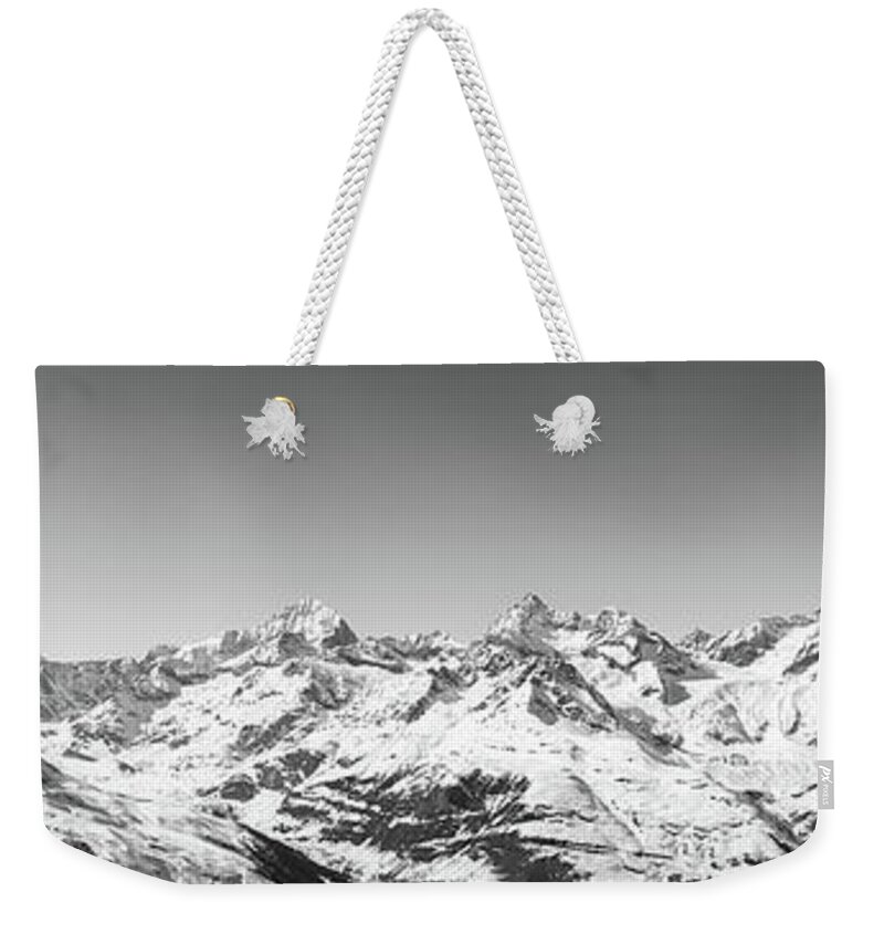 Alpine Weekender Tote Bag featuring the photograph The Matterhorn and Swiss Mountains Panorama BW by Rick Deacon