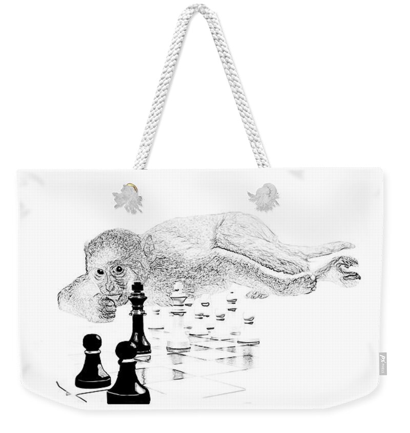 Monkey Weekender Tote Bag featuring the mixed media The Monkey's Gambit by Moira Law