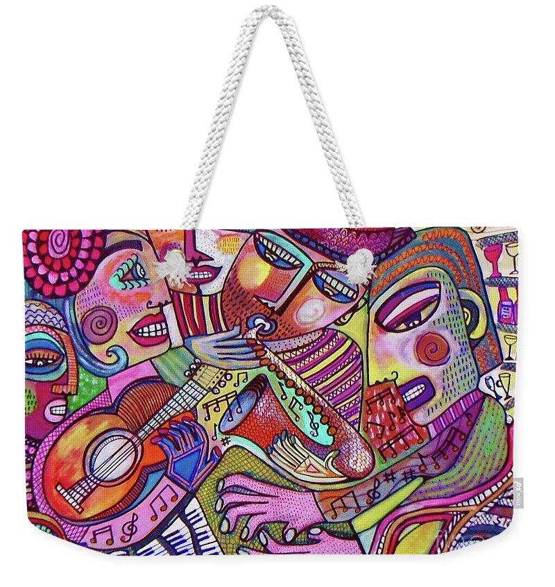 Wine Weekender Tote Bag featuring the painting The Music Of Friendship by Sandra Silberzweig