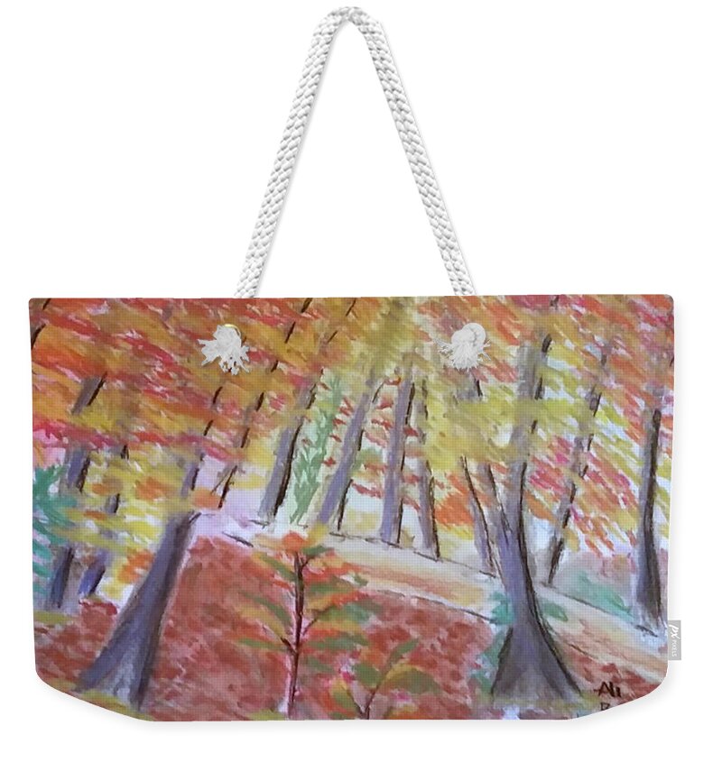 Forest Weekender Tote Bag featuring the pastel The Narrow Path Abstract Pastel Autumn Nature Scene by Ali Baucom