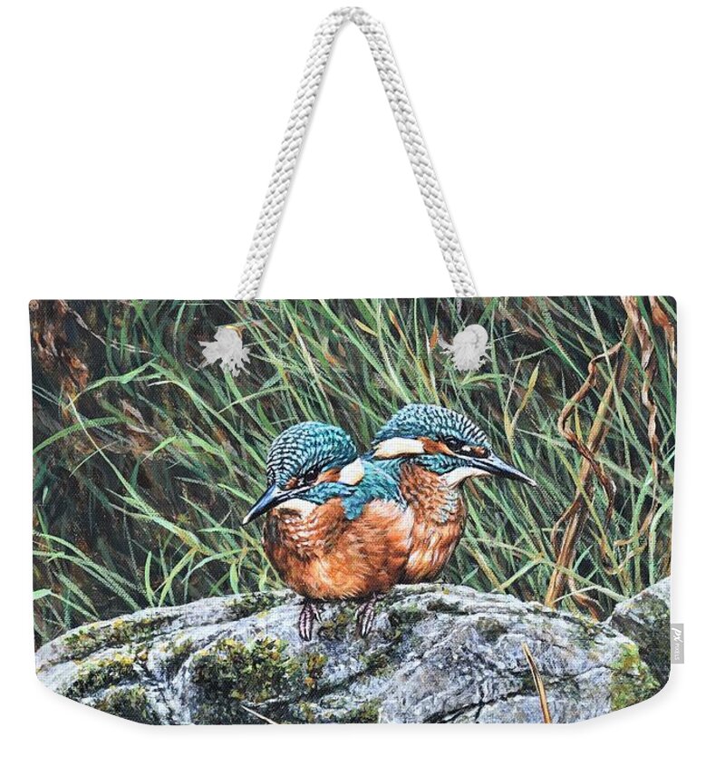 Kingfisher Weekender Tote Bag featuring the painting The Next Generation Kingfisher by Alan M Hunt