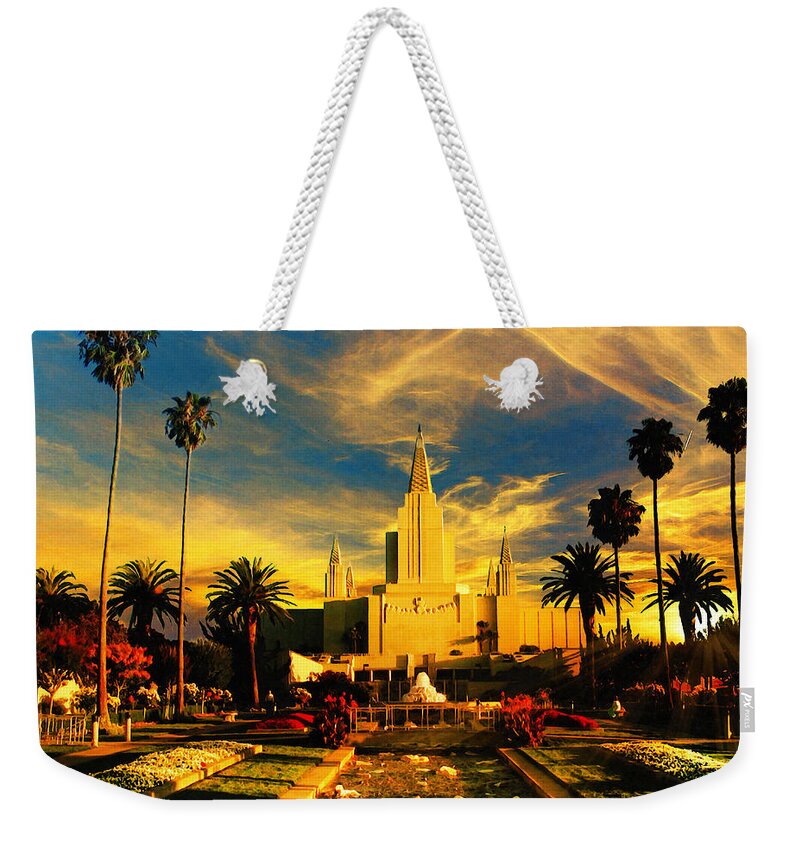 Oakland California Temple Weekender Tote Bag featuring the digital art The Oakland California Temple in sunset light by Nicko Prints
