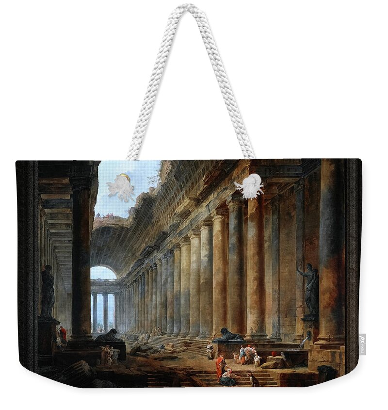 The Old Temple Weekender Tote Bag featuring the painting The Old Temple by Hubert Robert Old Masters Fine Art Reproduction by Rolando Burbon
