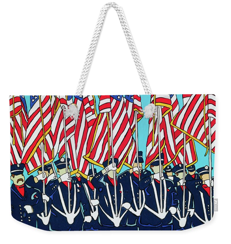 Usa Firemen Memorialday Flag America Americanflag Flags Parade Memorialdayparade Weekender Tote Bag featuring the painting The Parade by Mike Stanko